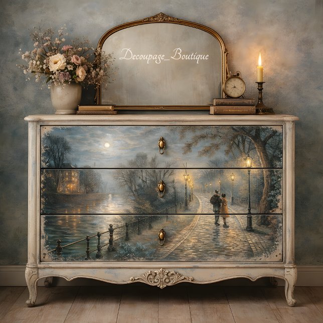 Papier Mousseline Moonlit Couple Walking Riverside Path Decoupage (Moonlit Couple Walking Riverside Path Decoupage Tissue Paper Mockup)