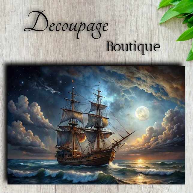 Papier Mousseline Moonlit Galleon Majestic Voilier Découpage (Moonlit Galleon Majestic Sailing Ship Decoupage Tissue Paper)
