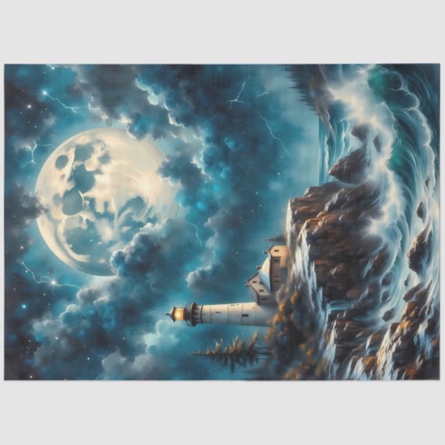 Papier Mousseline Moonlit Lighthouse Cliff – Fantasy Night Seascape  (Recto)