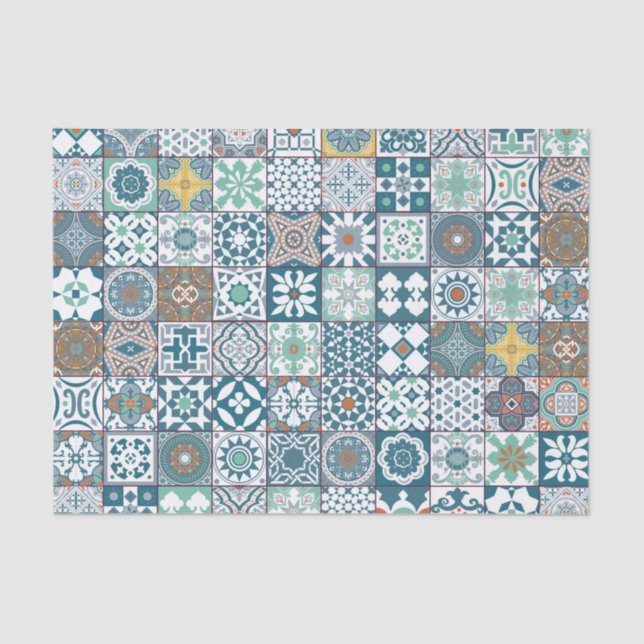 Papier Mousseline Moroccan tile-orange et light turquoise (Recto)