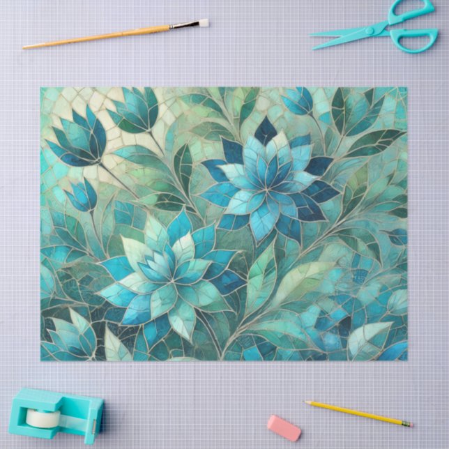 Papier Mousseline Mosaic Blue Teal Floral Pattern Decoupage (Artisanat)