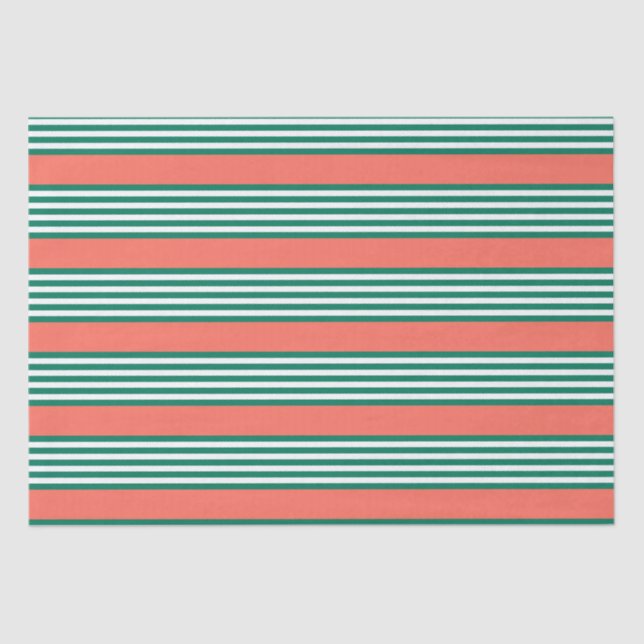 Papier Mousseline Motif à cinq bandes vert et blanc avec corail (Recto)