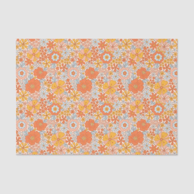 Papier Mousseline Motif à fleurs Orange Retro (Recto)