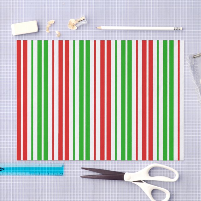 Papier Mousseline Motif à rayures blanches rouges et vertes   (Artisanat)