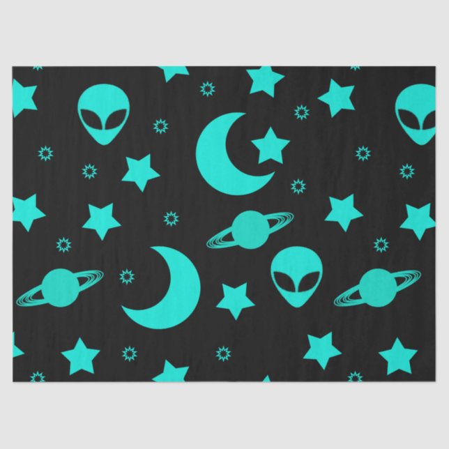 Papier Mousseline Motif Alien turquoise avec étoiles et lunes (Recto)