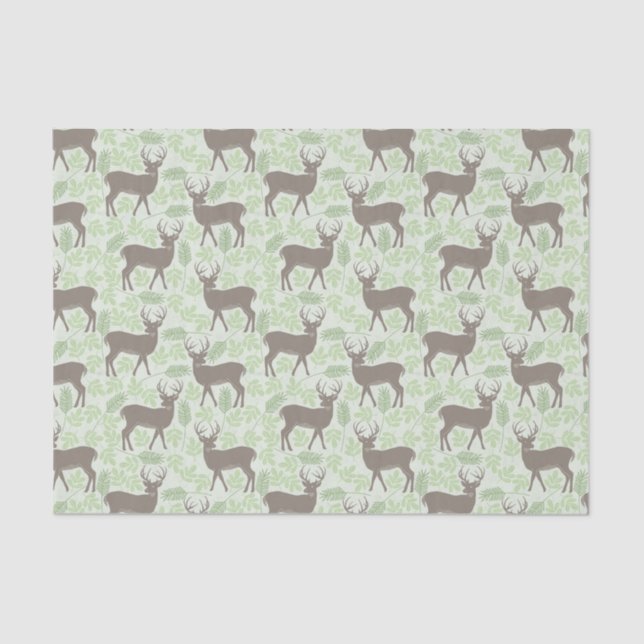 Papier Mousseline Motif animal de cerfs communs gris floraux verts (Recto)