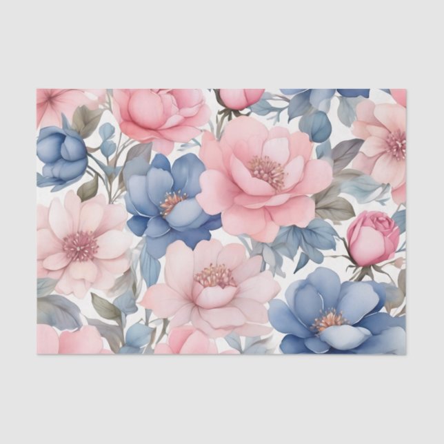 Papier Mousseline Motif Aquarelle Bleu Et Rose (Recto)