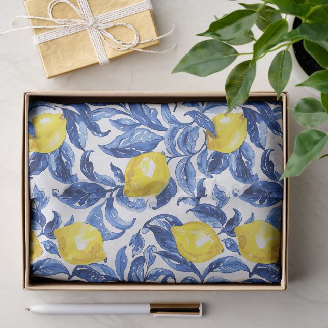Papier Mousseline Motif aquarelle de citron bleu  (Cadeau)