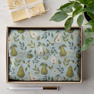 Papier Mousseline Motif aquarelle de poire verte sur bleu poussiéreu