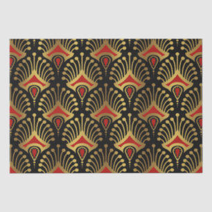 Papier Mousseline Motif Art déco or et rouge sur noir