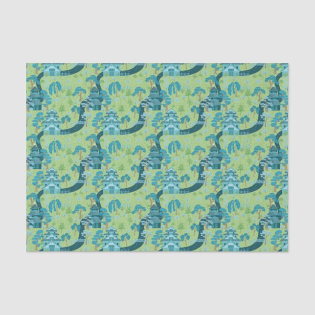 Papier Mousseline Motif Asiatique Bleu Vert (Recto)