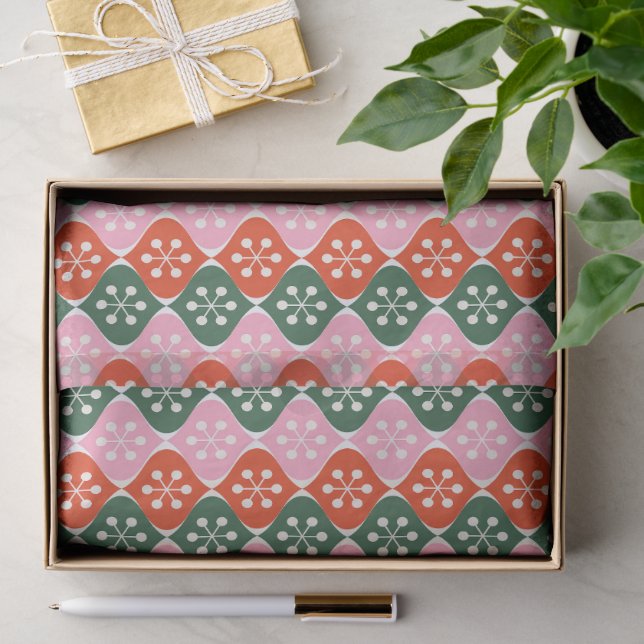 Papier Mousseline Motif Atomique Rétro Mid Mod Rose Vert Noël (Cadeau)