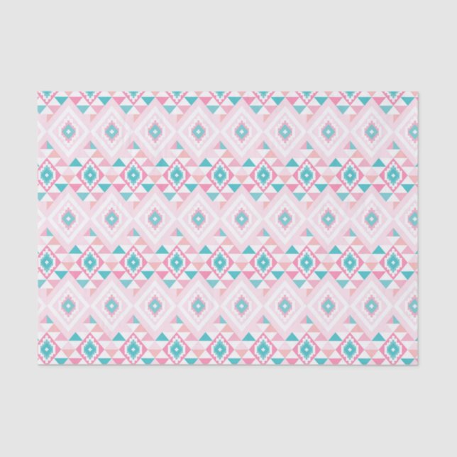Papier Mousseline Motif aztèque géométrique rose et turquoise (Recto)