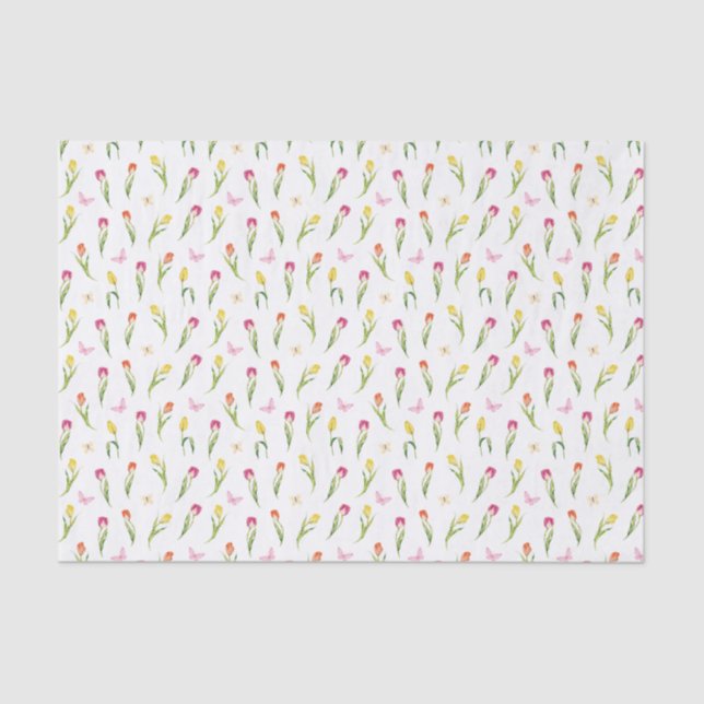 Papier Mousseline Motif blanc tulipes et papillons  (Recto)