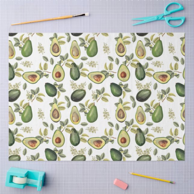 Papier Mousseline Motif botanique Aquarelle Avocado (Artisanat)