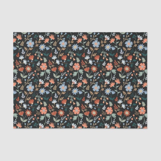 Papier Mousseline Motif botanique bleu orange noir (Recto)