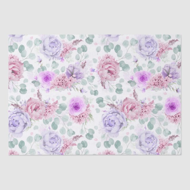 Papier Mousseline Motif botanique de fleurs violettes et roses pouss (Recto)