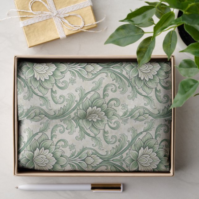 Papier Mousseline Motif botanique vert vintage (Cadeau)