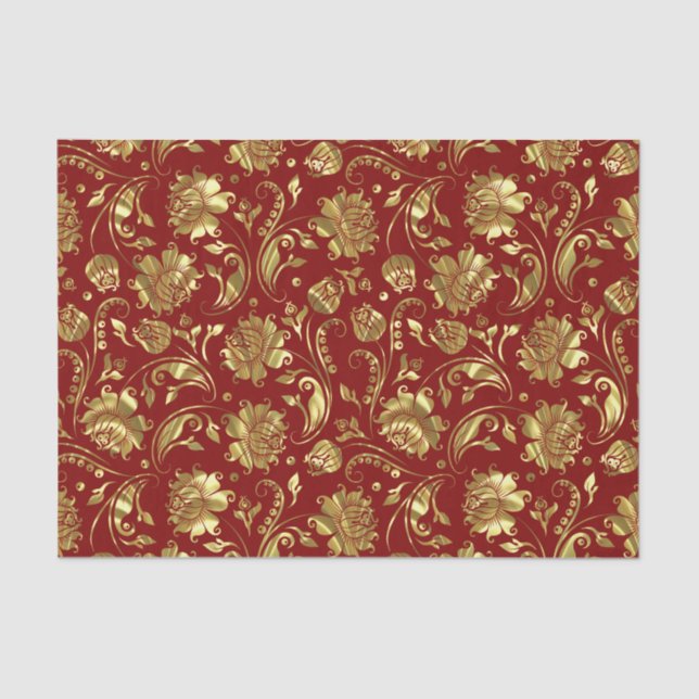 Papier Mousseline Motif Brown & Gold Floral Damques (Recto)