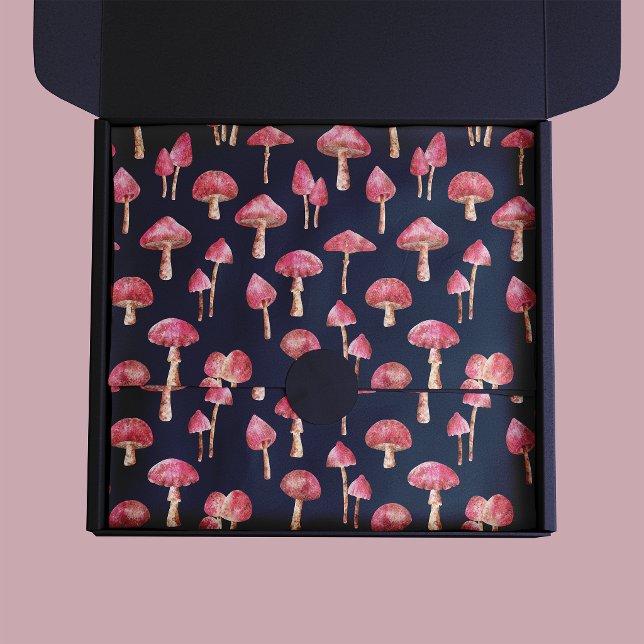 Papier Mousseline Motif champignon rose (Pink mushroom pattern tissue paper on dark navy blue background)