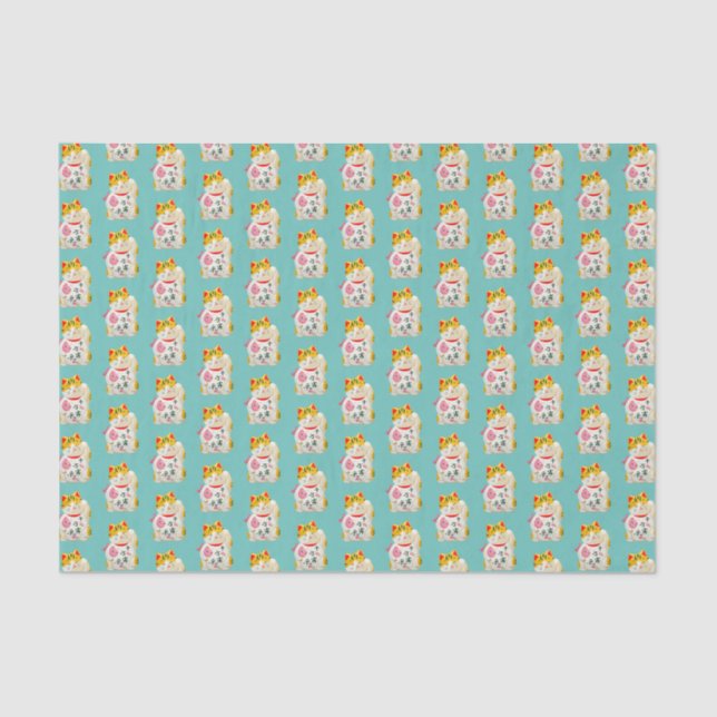 Papier Mousseline Motif chanceux japonais Teal de chat (Recto)