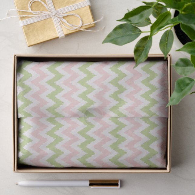 Papier Mousseline Motif chevron géométrique rose et vert chic (Cadeau)