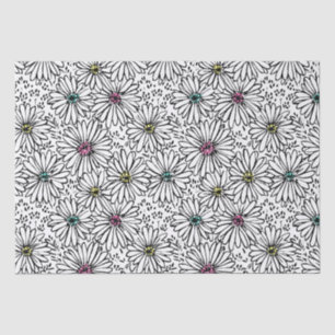 Papier Mousseline Motif coloré noir + blanc marguerites