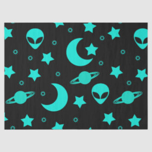 Papier Mousseline Motif d'alien turquoise avec étoiles et lunes