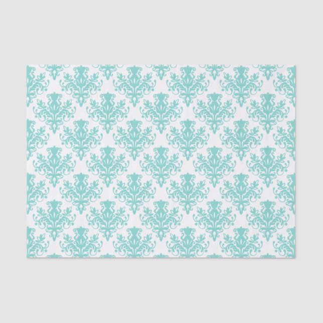 Papier Mousseline Motif Damas - bleu clair vert (Recto)