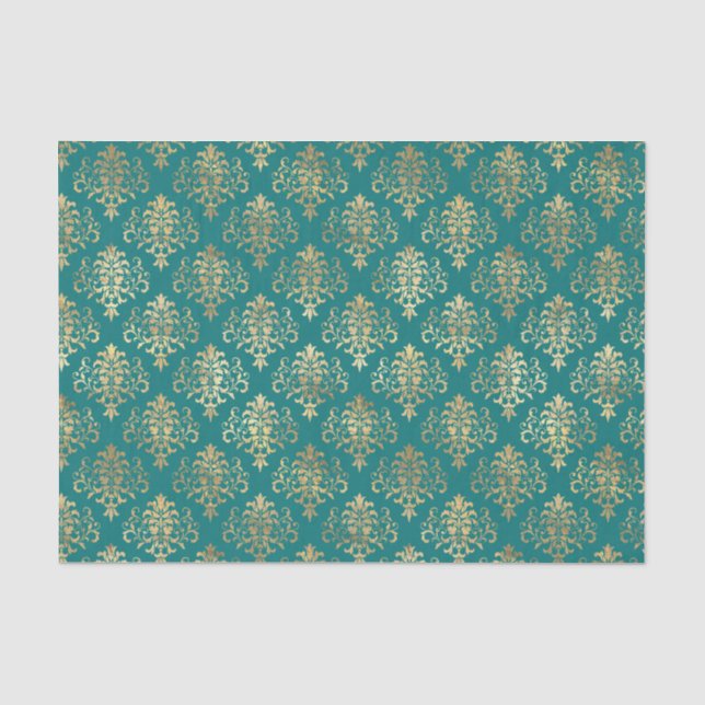 Papier Mousseline Motif damassé feuille dorée et sarcelle (Recto)