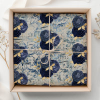 Motif damassé floral or et bleu vintage