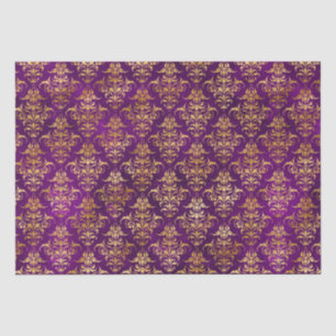 Papier Mousseline Motif damassé ornemental pourpre et or