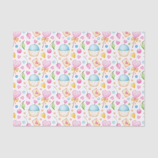 Papier Mousseline Motif d'aquarelle douce Coeurs et Cupcakes (Recto)