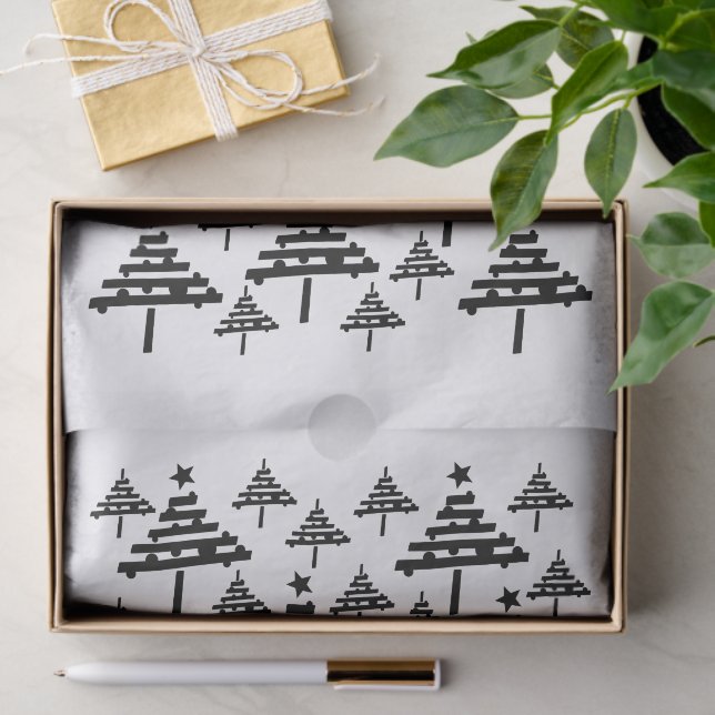 Papier Mousseline Motif d'arbre de Noël noir et blanc moderne (Cadeau)