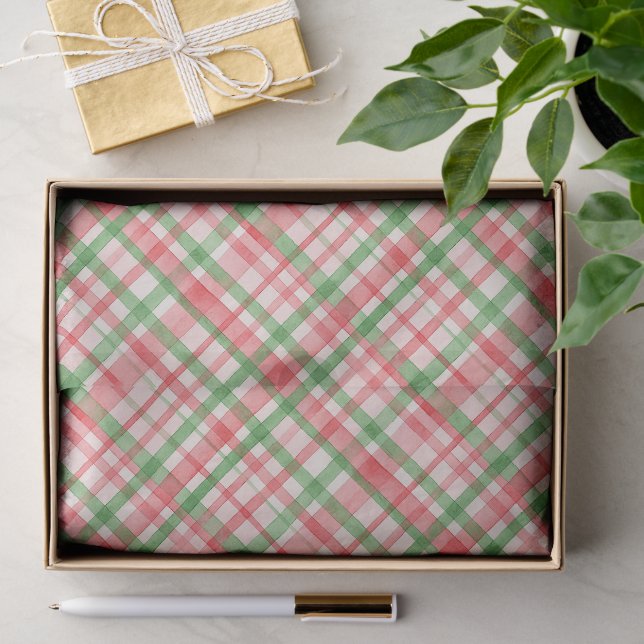 Papier Mousseline Motif d'Art Plaid Pink Rose Vert Classique (Cadeau)