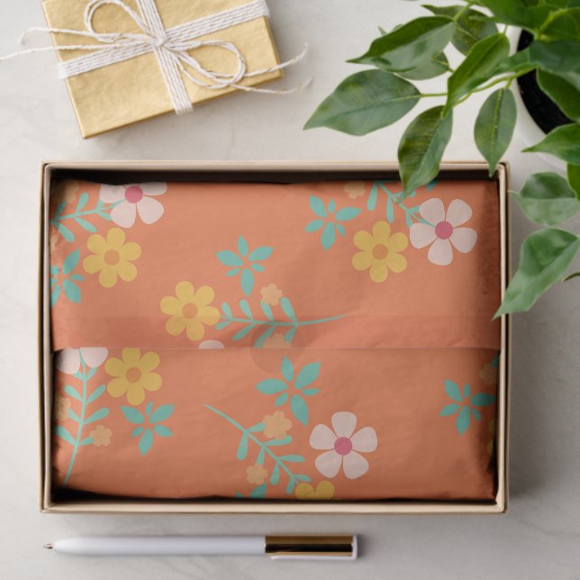 Papier Mousseline Motif de bouquet Retro Orange Boho (Cadeau)