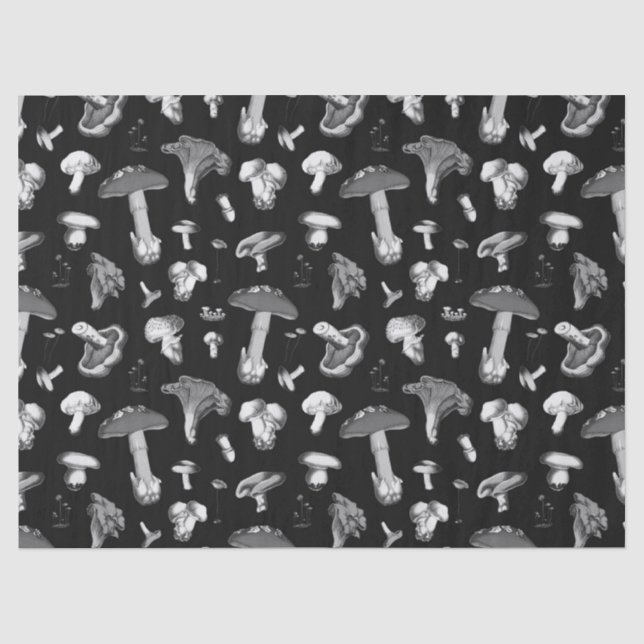 Papier Mousseline Motif de champignons de forêt gris foncé (Recto)