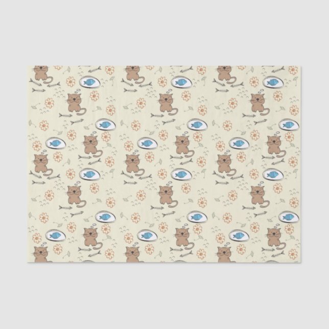 Papier Mousseline motif de chat et de poissons (Recto)