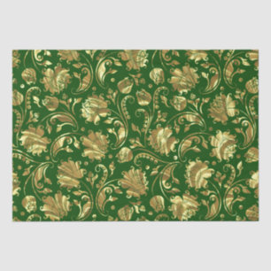 Papier Mousseline Motif de Damas Floral Vert & Or