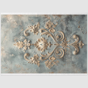 Papier Mousseline Motif de Demask Effet Embossé Baroque Blue Gold
