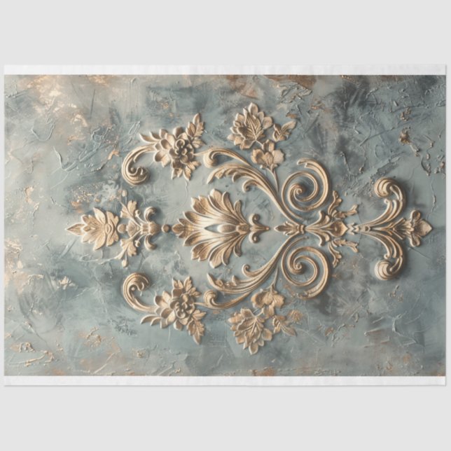 Papier Mousseline Motif de Demask Effet Embossé Baroque Blue Gold (Recto)
