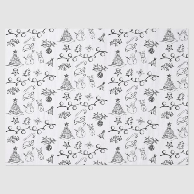 Papier Mousseline Motif de dessins de Noël noir et blanc (Recto)