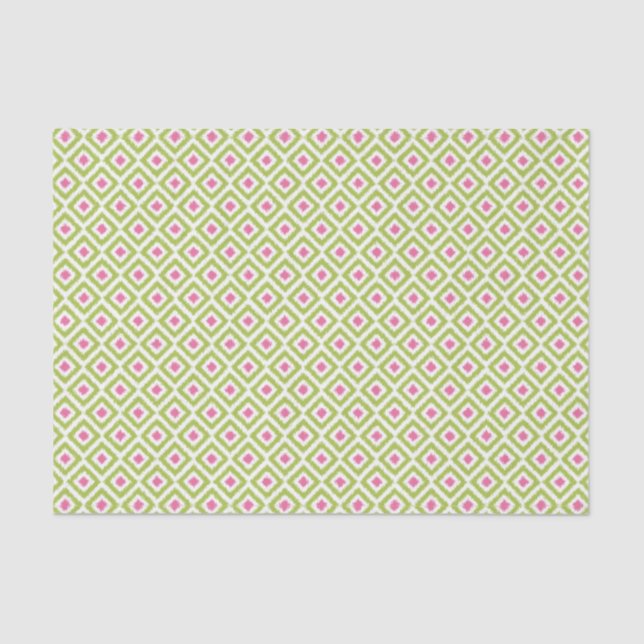 Papier Mousseline Motif de diamants Ikat verts et roses (Recto)