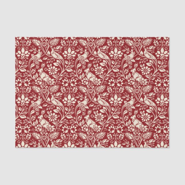Papier Mousseline Motif de faisan et lièvre, rouge profond et crème (Recto)