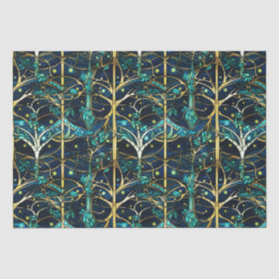 Papier Mousseline Motif de faux vitrail de forêt vert émeraude
