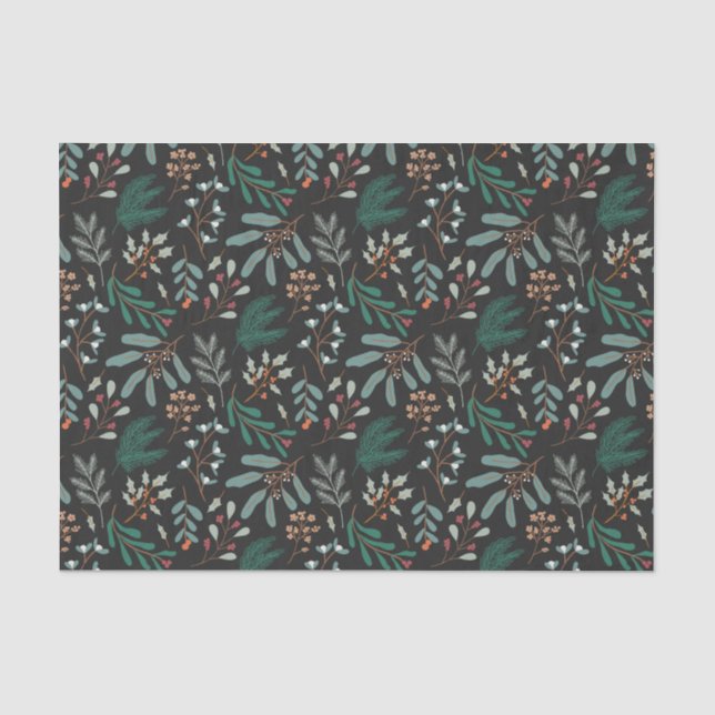 Papier Mousseline Motif de feuillage de Noël noir rustique (Recto)