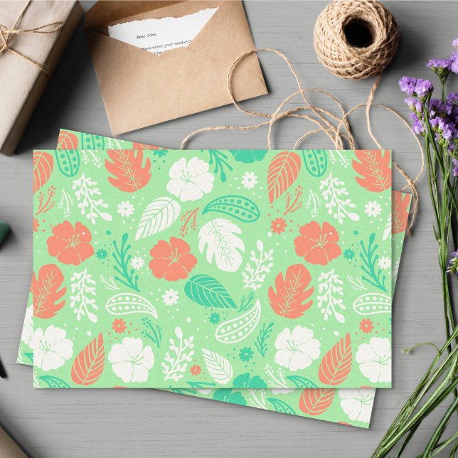 Papier Mousseline Motif de feuillage vert et orange (Green Tropical Hibiscus & Paisley Tissue Paper)