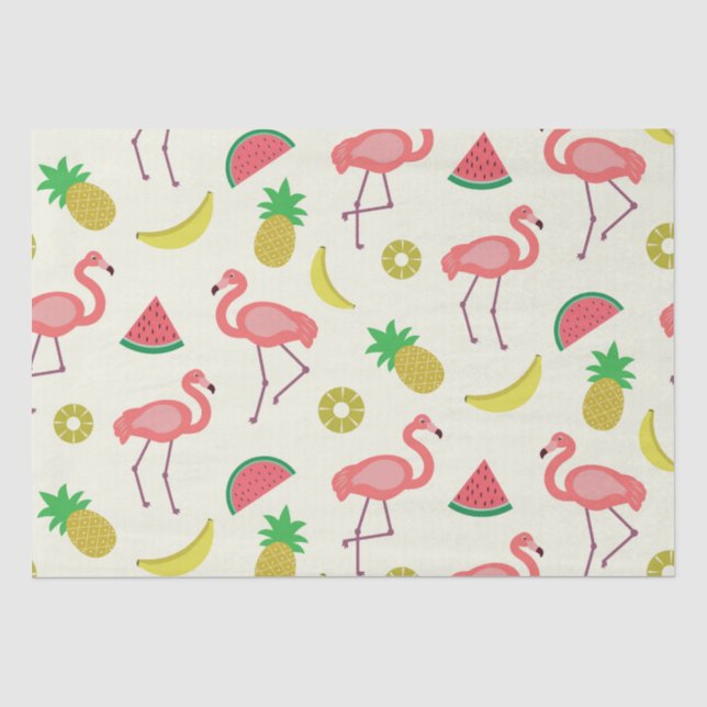 Papier Mousseline Motif de flamant rose avec pastèque et ananas  (Recto)