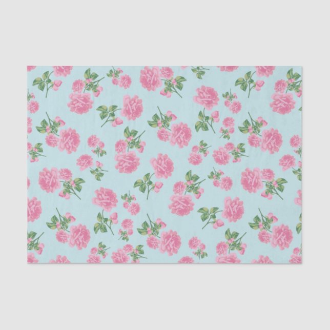 Papier Mousseline Motif de fleur rose de roses sur la menthe (Recto)