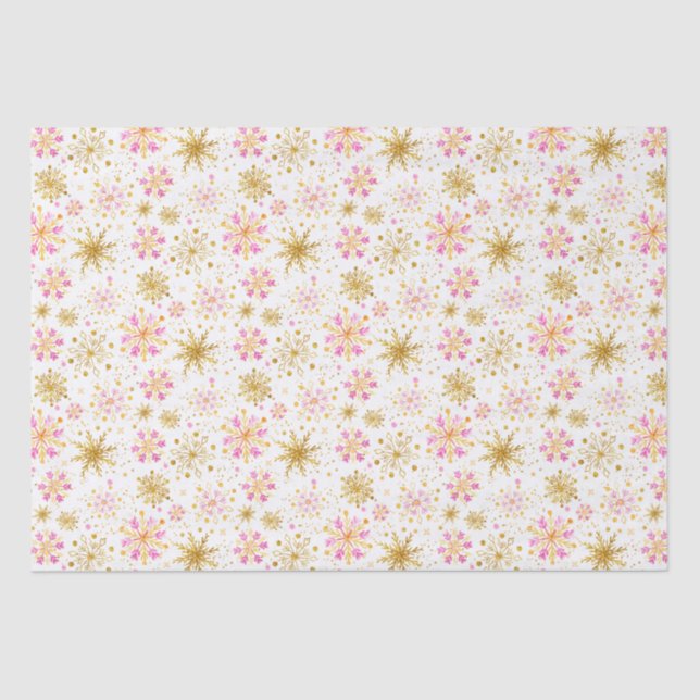 Papier Mousseline Motif de flocons de neige rose et or (Recto)